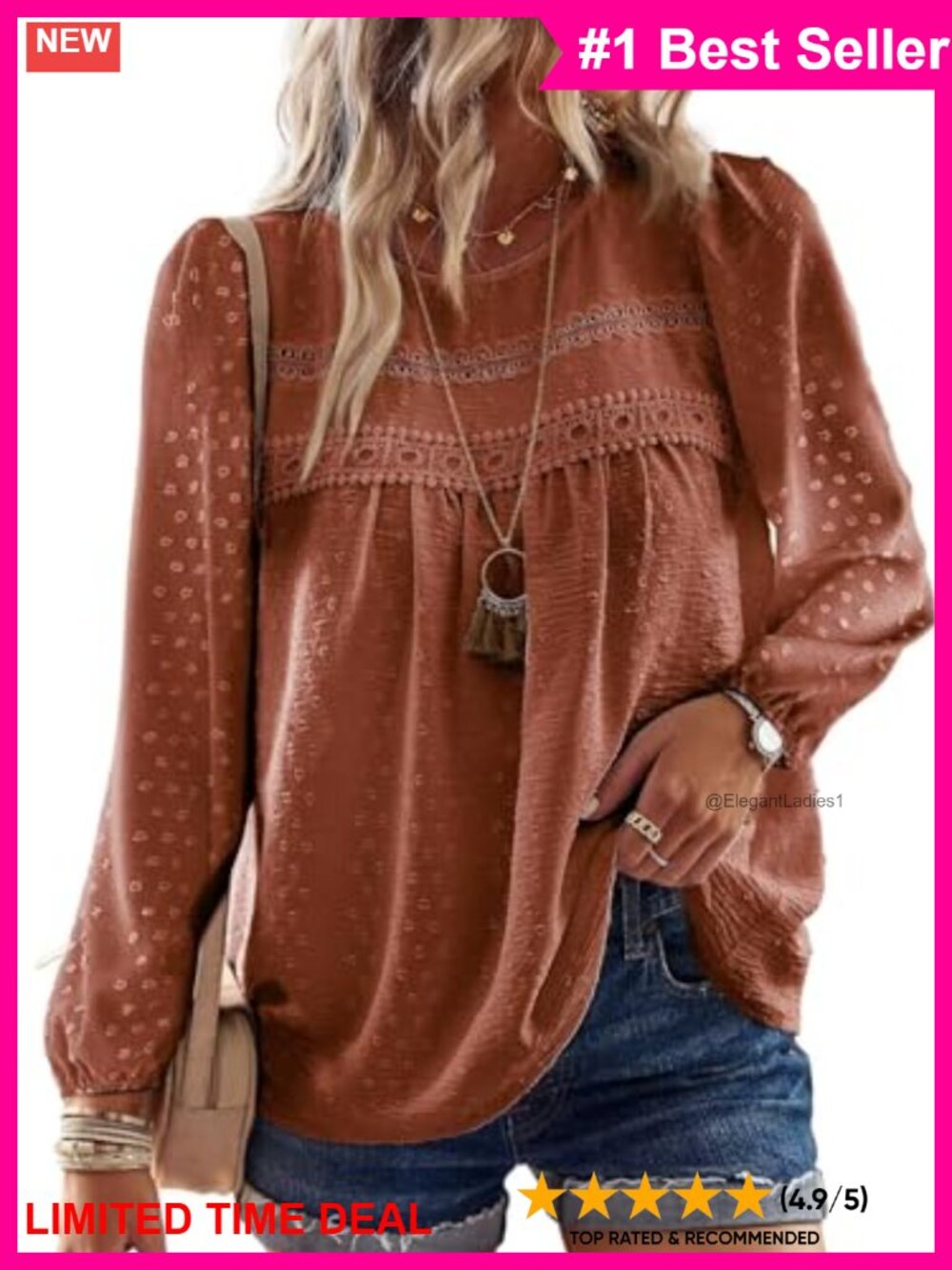 Boho Crochet Lace Long Sleeve Blouse Crew Neck Loose Fit
